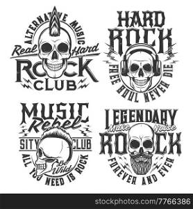 Rock music t-shirt prints, hard rock club skull emblems with punk haircut and beard. Hard rock music club badges with skull in headphones and slogans Make noise and Be Wild in electric sound lightning. Rock music t-shirt prints, rock club skull emblems