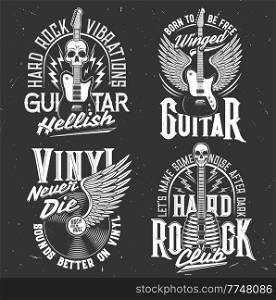 Rock music t-shirt prints with skull and guitar, vector rocker club and concert festival emblems. Hard rock music signs with vinyl disk on wings, grunge skeleton skull and rockers slogans and quotes. Hard Rock club, concert or music festival prints