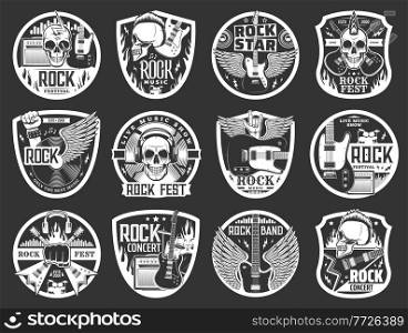 Rock music vector icons of rock n roll band guitars, drums, grunge or heavy metal rocker skulls, loudspeakers, headphones, vinyl records and lightnings. Music festival, live concert and party design. Rock music icons, guitars, drums and rocker skulls