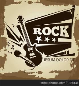 Rock music vintage emblem design. Grunge banner for rock event. Vector illustration. Rock music vintage emblem design