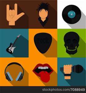 Rock musician icon set. Flat style set of 9 rock musician vector icons for web design. Rock musician icon set, flat style