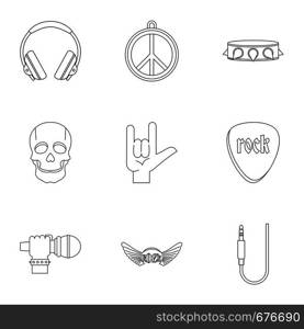 Rock musician icon set. Outline set of 9 rock musician vector icons for web isolated on white background. Rock musician icon set, outline style