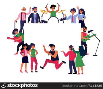 Rock musicians and fans around empty banner. Rockers playing instrument, concert flat vector illustration. Show, entertainment, announcement concept for banner, website design or landing web page
