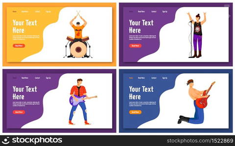 Rock musicians landing page vector template. Music band members website interface idea with flat illustrations. People playing musical instruments homepage layout. Web banner, webpage cartoon concept