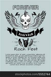 Rock n Roll Fest Forever Vector Illustration. Rock n roll fest forever poster with skull surrounded by wings and sign of horns and two headstocks. Background of vector illustration is gray