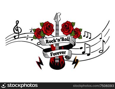 Rock n roll forever, electric guitar with roses and banner with text vector. Notation, music sheet with notes and sounds. Lightning string instrument. Rock n Roll Forever, Electric Guitar with Roses