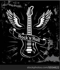 Rock n roll Guitar and Wings Vector Illustration. Rock n roll written in ribbon, image of electric guitar with wings behind it, decorated picture with lines vector illustration isolated on black