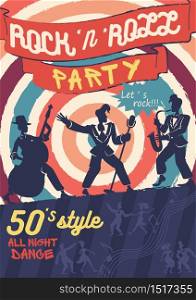 Rock n roll poster flat vector template. Retro style party invitation. Brochure, booklet one page concept design with cartoon characters. 50s show, old school disco with jazz musicians flyer, leaflet