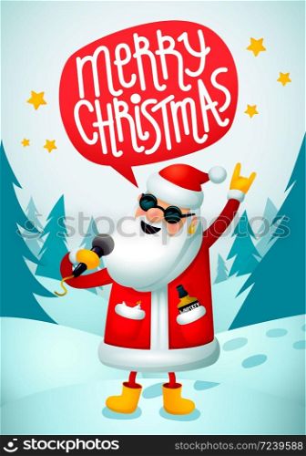 Rock-n-roll Santa. Singing Santa Claus - rock star with merry christmas text speech bubble on blue christmas background. Christmas hipster poster for party. Xmas greeting card. Vector illustration.. Rock-n-roll Santa. Singing Santa Claus - rock star with merry christmas text speech bubble on blue christmas background. Christmas hipster poster for party. Xmas greeting card.