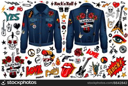 Rock-n-Roll theme set of stripes on jacket with skull, guitars hippie logos and signs of horns. Vector illustration with rock music symbols on white. Rock and Roll Theme Icons Vector Illustration Set