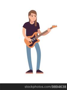 Rock or pop musician with guitar. Guitarist musical performance, male artist standing in casual clothes with musical instrument and plays melody on concert, flat vector cartoon isolated illustration. Rock or pop musician with guitar. Guitarist musical performance, male artist standing in casual clothes with musical instrument and plays melody flat vector cartoon isolated illustration