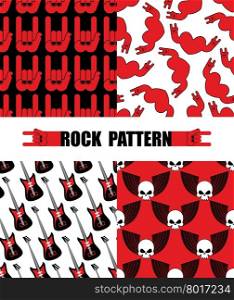 Rock pattern. Set seamless patterns theme of rock music. Rock hand Symbol background. Texture from hearts. Electric guitar, repeating background. Skull with wings pattern.