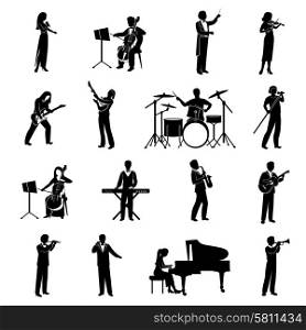Rock pop and classical musicians icons black silhouettes set isolated vector illustration. Musicians Icons Black