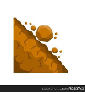 Rock rolls off a cliff. Falling boulders. Rockfall and landslide. Business concept of crisis and problems. Element of nature and mountains. Brown earth. Flat cartoon illustration. Rock rolls off a cliff. Falling boulders.