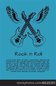 Rock &rsquo;n roll music poster with two crossed guitars surrounded by two giant wings. Background of vector illustration with musical instruments in light blue. Rock and Roll Music Poster Vector Illustration
