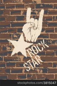 Rock Star Sign With Horns Gesture On Brick Wall