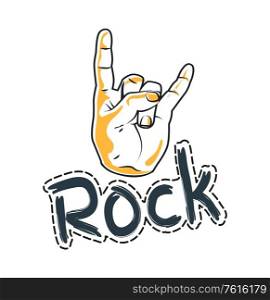 Rock sticker with dotted line, arm in horns shape, poster decorated by musical symbol, fingers on white, label of hard music, hand with border vector. Fingers with Horns Sign, Hard Music Sticker Vector