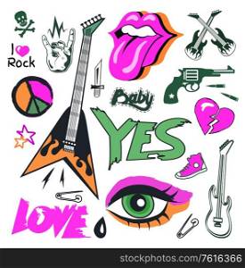 Rock stickers, guitar and broken heart, knife and pin, pistol and cartridge, skull with bones, eye and hand symbols isolated on white, retro vector. Rock-n-roll elements. Retro Musical Objects, Rock Sticker, Guitar Vector