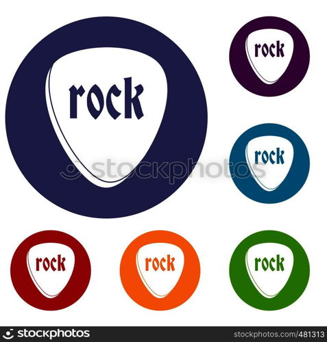 Rock stone icons set in flat circle red, blue and green color for web. Rock stone icons set