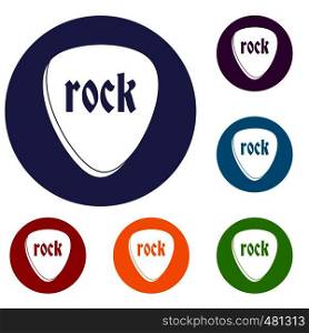 Rock stone icons set in flat circle red, blue and green color for web. Rock stone icons set