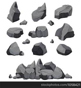 Rock stones. Graphite stone, coal and rocks pile for wall or mountain pebble. Gravel pebbles, gray stone heap cartoon isolated vector icons illustration set. Rock stones. Graphite stone, coal and rocks pile isolated vector illustration