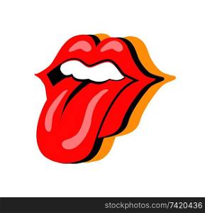 Rock symbol mouth with tongue sticking out. Person showing teeth, make up on woman lips. Sign of rock music band icon isolated on vector illustration. Rock Symbol Mouth with Tongue Vector Illustration