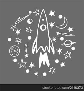 Rocket and stars in the circle. Hand drawn space objects. Vector sketch illustration.. Rocket and stars in the circle.