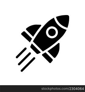 Rocket black glyph icon. Launch spacecraft into cosmos. Space shuttle. Aircraft and satellite. Start up. Silhouette symbol on white space. Solid pictogram. Vector isolated illustration. Rocket black glyph icon