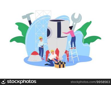 Rocket building facility flat color vector illustration. Spaceship creation team of smart genius people 2D cartoon characters with big modern rocket for space exploration mission on background. Rocket building facility flat color vector illustration