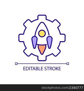 Rocket building industry RGB color icon. Space technology innovations. Spacecraft engineering. Isolated vector illustration. Simple filled line drawing. Editable stroke. Arial font used. Rocket building industry RGB color icon
