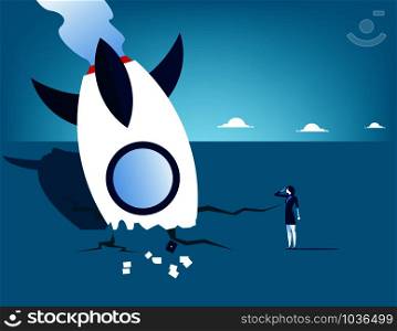 Rocket crash and businesswoman. Concept business technology vector illustration.