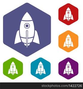 Rocket design icons vector colorful hexahedron set collection isolated on white. Rocket design icons vector hexahedron
