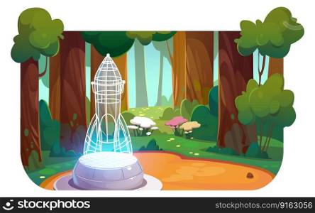 Rocket digital hologram in forest. Summer woods landscape with trees, flowers, grass and futuristic hologram of wireframe spaceship on glade, vector cartoon illustration. Rocket digital hologram in forest