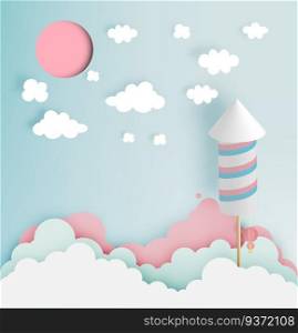 Rocket firework with pastel tone background in paper art style vector illustration