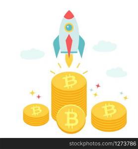 Rocket flying above the piles of bitcoins. Bitcoin financial system grows. Crypto currency grow value. Concept design for web applications, banners. Rocket flying above piles of bitcoins.