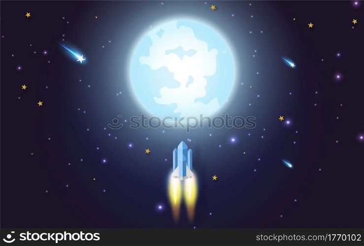 rocket flying in the star to the full moon. Paper art and craft style design. illustration for business startup concept on dark night background for poster or banner. Space rocket launch and galaxy.