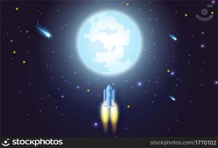rocket flying in the star to the full moon. Paper art and craft style design. illustration for business startup concept on dark night background for poster or banner. Space rocket launch and galaxy.