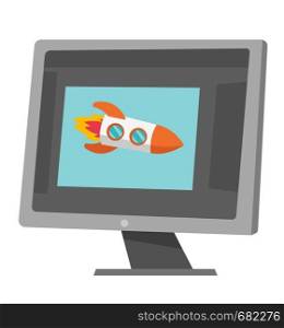 Rocket flying out of laptop screen. Concept of business start-up. Vector cartoon illustration isolated on white background.. Rocket flying out of laptop screen vector cartoon.