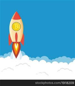 rocket flying over clouds with bitcoin icon. Vector illustration in flat style. rocket flying over clouds with bitcoin icon