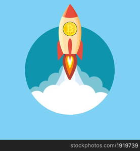 rocket flying over clouds with bitcoin icon. Vector illustration in flat style. rocket flying over clouds with bitcoin icon