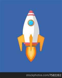 Rocket flying to sky, spacecraft on start with fire vector isolated icon. Launch or shuttle on high speed, mission startup symbol. Exploration of space concept. Rocket Flying to Sky Spacecraft on Start with Fire
