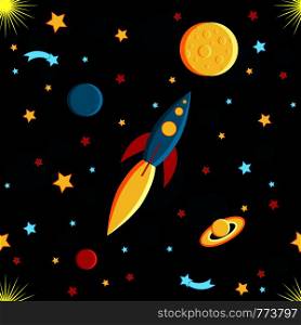 Rocket flying to the moon. Sun, Saturn, Earth, other planets, stars, comets, space Cartoon style Seamless pattern. Rocket flying to the moon. Sun, Saturn, Earth, other planets, stars, comets, space Seamless pattern