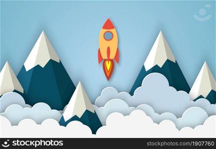 Rocket for startup business project. Paper cut startup poster template with space rocket. Concept business idea, startup, exploration. flyers, banners, posters and templates design.. Rocket for startup business project