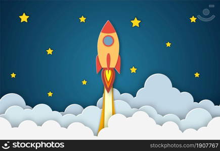 Rocket for startup business project. Paper cut startup poster template with space rocket. Concept business idea, startup, exploration. flyers, banners, posters and templates design.. Rocket for startup business project