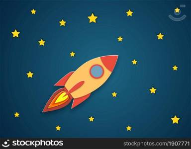 Rocket for startup business project. Paper cut startup poster template with space rocket. Concept business idea, startup, exploration. flyers, banners, posters and templates design.. Rocket for startup business project