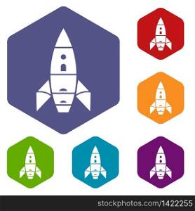 Rocket galaxy icons vector colorful hexahedron set collection isolated on white. Rocket galaxy icons vector hexahedron