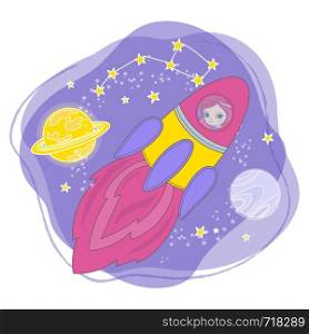 ROCKET GIRL Cartoon Space Princess Vector Illustration Set