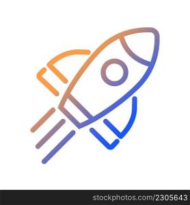 Rocket gradient linear vector icon. Launch spacecraft into cosmos. Space shuttle. Aircraft and satellite. Start up. Thin line color symbol. Modern style pictogram. Vector isolated outline drawing. Rocket gradient linear vector icon