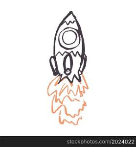 Rocket. Icon in hand draw style. Drawing with wax crayons, colored chalk, children&rsquo;s creativity. Sign, pin, sticker. Icon in hand draw style. Drawing with wax crayons, children&rsquo;s creativity