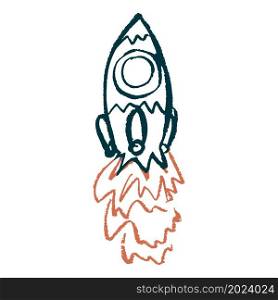Rocket. Icon in hand draw style. Drawing with wax crayons, colored chalk, children&rsquo;s creativity. Vector illustration. Sign, symbol, pin. Icon in hand draw style. Drawing with wax crayons, children&rsquo;s creativity